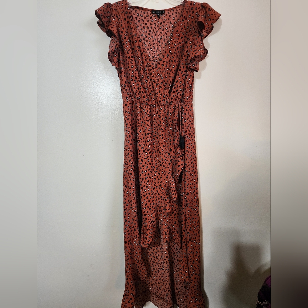Elegant Ruffle Sleeve Animal Print High Low Dress